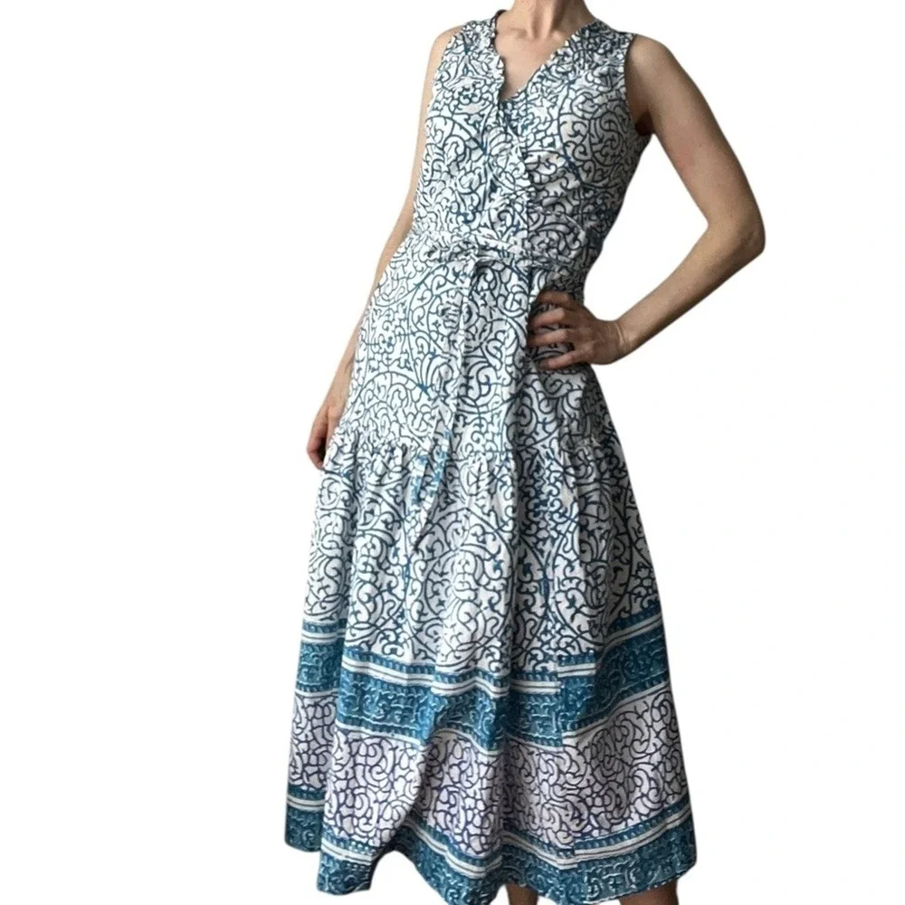 John & Mickie blue and white Print Cotton Maxi Wrap Dress Size 2 - Picture 2 of 14